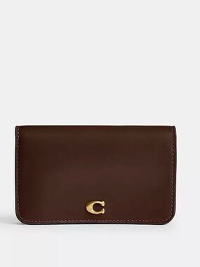 Coach Dark Brown Leather Card Wallet with Gold 'C' Accent